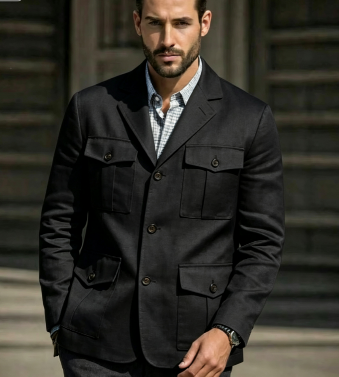 Men'S Formal Resort Wear - Blue Linen Safari Blazer Men's Vintage