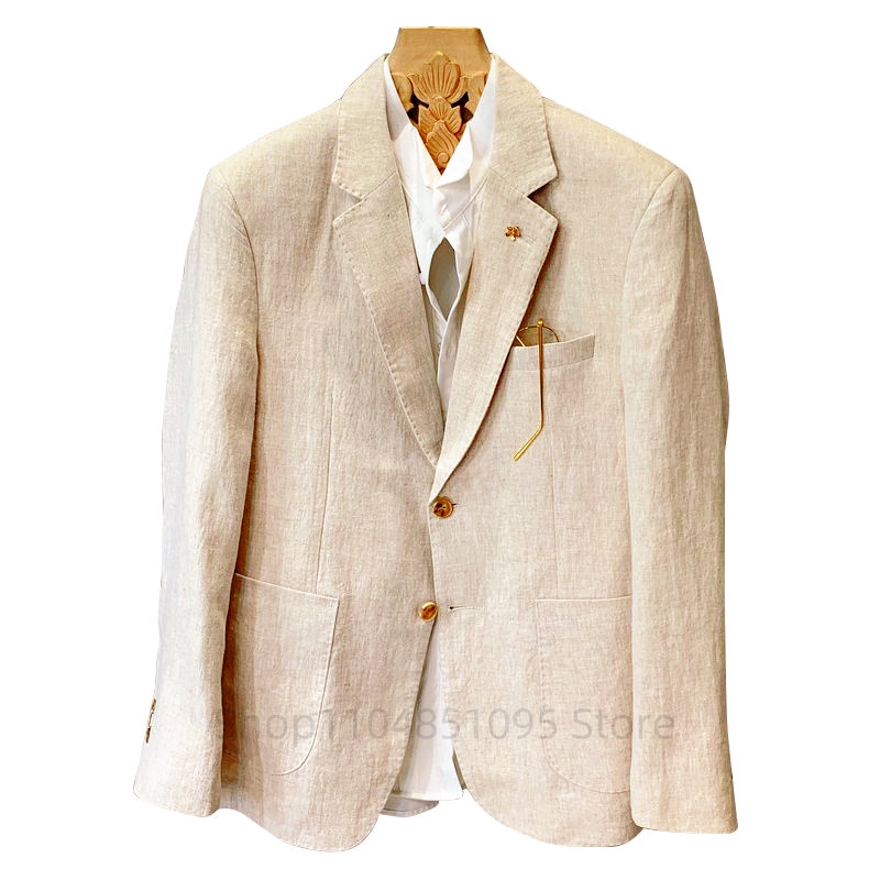 Men Formal Wear With Coat - Beige Men Suit Linen Blazers Jackets
