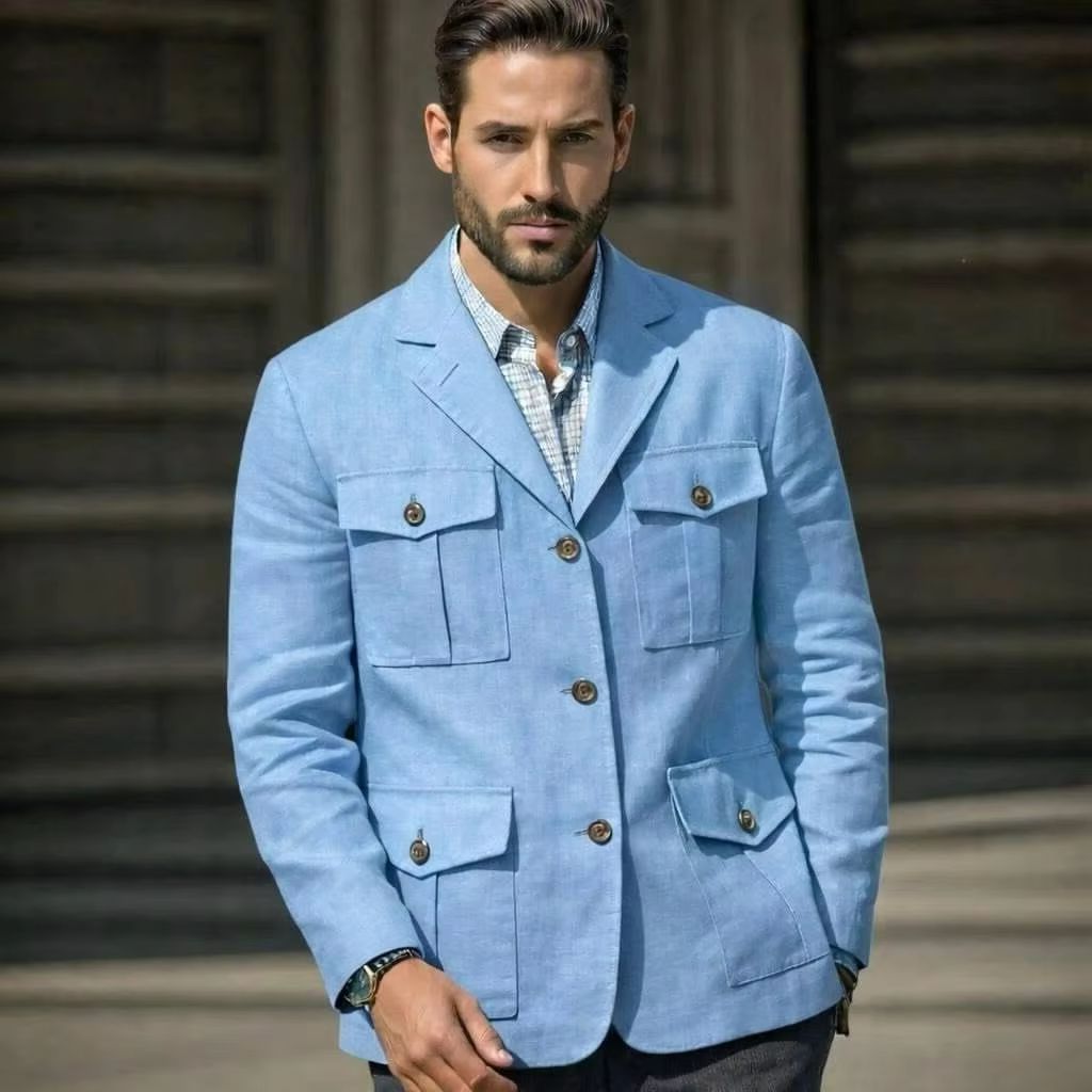Blue Linen Safari Blazer Men's - Men'S Formal Resort Wear recension och pris